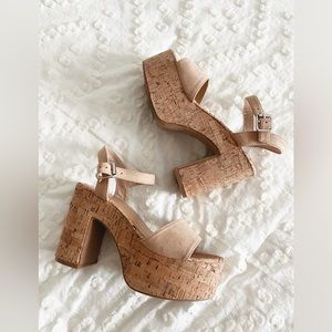 Nude cork platform heels